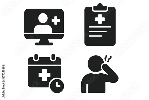 Telehealth services solid glyph icon set. Online doctor consultation, virtual appointment, medical report, patient symptom. Telemedicine e-health vector pictogram collection.