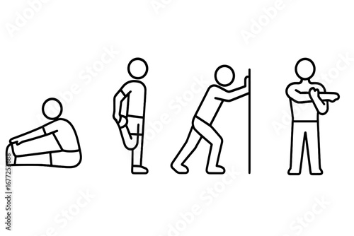 Stretching routine outline icons. Man doing exercises for hamstring, quad, calf, shoulder. Fitness warmup, cool-down, flexibility training. Vector pictogram stick figure set.