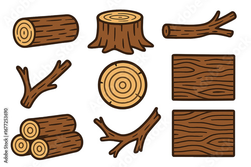 Wood and timber icon set. Collection of logs, tree stumps, branches, and lumber. Natural firewood elements. Simple cartoon vector illustration for forest or nature design concepts.