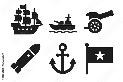 Naval warfare icon set. Military navy symbols. Maritime combat history. Galleon, battleship, warship. Cannon, torpedo, anchor, flag. Solid glyph vector for sea battle game.
