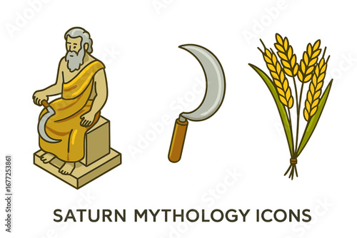 Saturn mythology icons. Roman god of agriculture, harvest, and time. Isometric vector illustration set with symbols like the sickle and wheat sheaf. Ancient deity character.