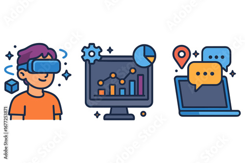 Modern technology concepts featuring virtual reality, data analysis, communication tools, digital innovation, and futuristic digital environment icons in colorful vector cartoon style