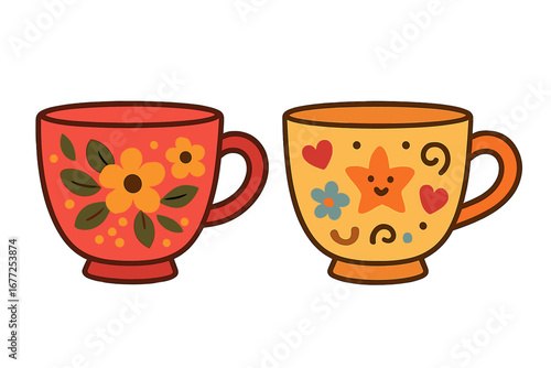 Two cute cartoon tea cups with retro floral and playful star patterns. Vector flat illustration set of mugs for coffee or tea. Concept of creative artistic drinkware design.
