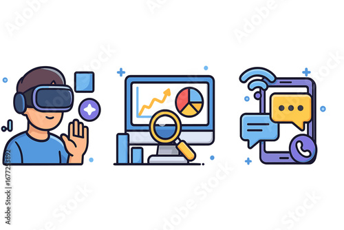 Modern technology concepts illustrated with icons showcasing virtual reality, data analysis, digital communication, innovation, and connectivity in a vibrant cartoon style vector
