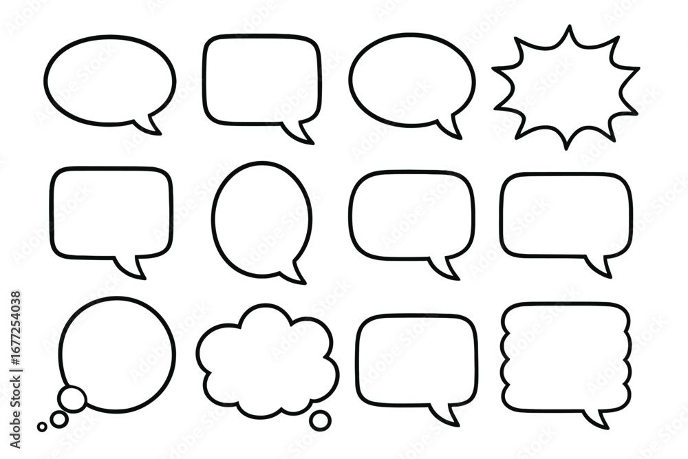 Fototapeta premium Set of various speech bubbles. Vector illustration for comics and communication. Blank chat boxes and thought clouds for dialogue, messages, and quotes. Cartoon graphic element pack.