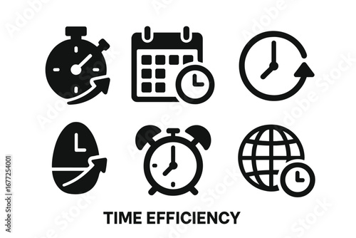 Time Efficiency Icons Vector Set, Solid Filled Stopwatch, Calendar, Clock Hands, Timer, Alarm Bell, Time Zone Symbols, Productivity & Scheduling Concept, Transparent Background