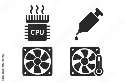 PC cooling icon set. CPU with heat sink, thermal paste, and cooler fan. Computer hardware temperature and overheating concept. Processor maintenance and repair vector symbols.