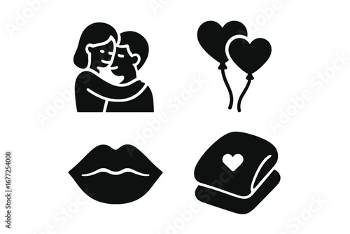 Love and romance glyph icon set. Tender moments collection with hugging couple, heart balloons, kissing lips, and cozy blanket. Valentine's Day relationship symbols vector.