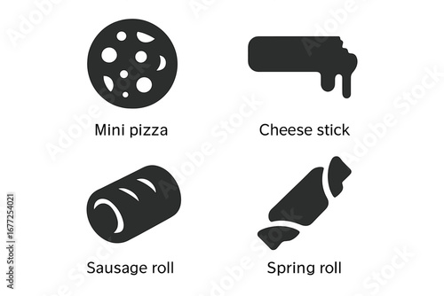 Savory finger foods icon set. Solid glyph collection of appetizers and snacks. Includes mini pizza, mozzarella cheese stick, sausage roll, and spring roll. Simple fast food vector.