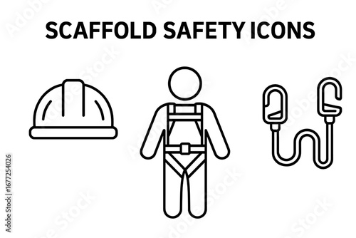 Scaffold safety icons set. Personal protective equipment for construction work. Fall protection gear outline symbols. Hard hat, safety harness and lanyard vector illustration.