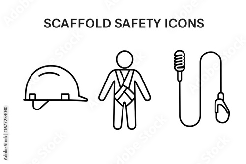 Vector outline icon set for scaffold safety and personal protective equipment. PPE for construction work at height. Includes hard hat, safety harness and lanyard for fall protection.