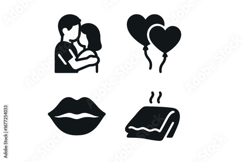 Love and romance solid icon set. Tender moments concept. Affectionate couple hugging, heart balloons, kissing lips, cozy warm blanket. Valentine's Day relationship symbols.