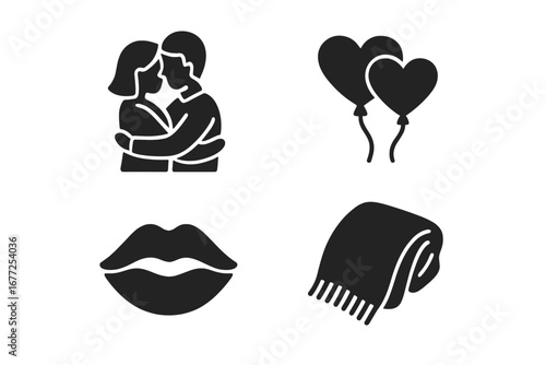 Tender moments solid icon set. Love, romance and affection concepts. Hugging couple, heart balloons, kissing lips, cozy blanket. Vector glyphs for Valentine's day graphic.