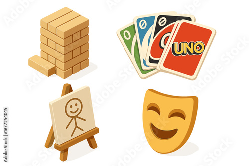 Tabletop game icons set. Isometric vector illustration of party games. Jenga tower, Uno cards, Pictionary easel and charades mask. Flat cartoon symbols for fun and leisure.