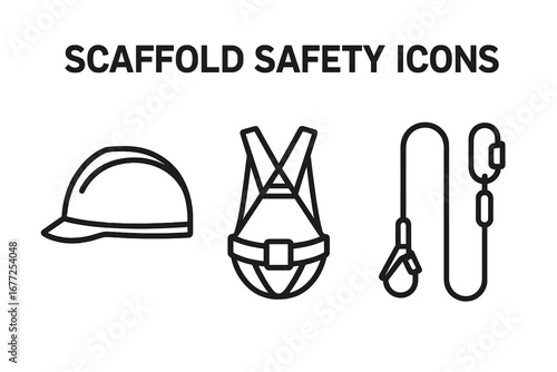 Scaffold safety icons set. Personal protective equipment for working at height. Fall arrest system with hard hat, safety harness and lanyard. Construction industry outline vector.