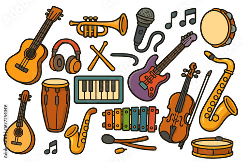 Colorful vector illustration of diverse musical instruments and accessories including guitar, saxophone, violin, drums, trumpet, keyboard, headphones, microphone, and tambourine in cartoon style