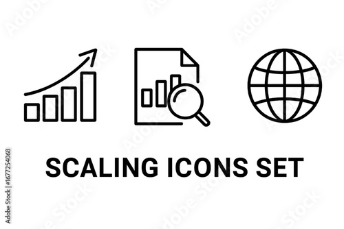 Scaling icon set. Business growth strategy concept. Upward arrow graph for profit. Market research data analysis document. Global expansion for international business vector.
