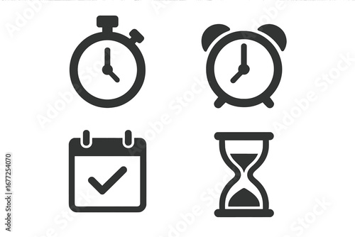 Time Management Icons Set. Solid Filled Vector Illustrations of Stopwatch, Alarm Clock, Calendar Reminder, Hourglass Timer for Productivity and Scheduling