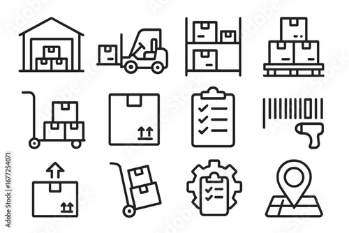 Warehouse logistics line icon set. Supply chain management, shipping and distribution symbols. Forklift, pallet, barcode, and inventory control vector pictograms collection.