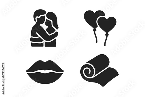 Love and romance solid icon set. Tender moments glyphs collection. Hugging couple, heart balloons, kissing lips, cozy blanket. Valentine's day symbols. Relationship vector.