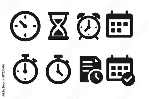 Time Management Icons Solid Filled Vector Set with Clock, Hourglass, Alarm Bell, Calendar, Stopwatch, Timer, Schedule Symbols for Productivity and Planning