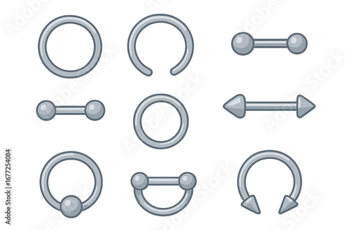 Body piercing jewelry set vector illustration. Metallic silver rings, barbells, horseshoes. Flat cartoon icons for ear, nose, lip. Punk rock fashion accessory collection.