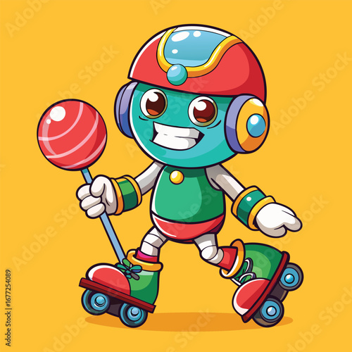 cartoon lollipop glides joyfully on roller skates, safely wearing its protective gear
