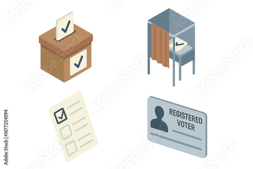 Voting Rights Icons. Isometric icon set for elections and democracy. Includes ballot box, polling booth, voter registration card, and ballot. Civil rights and civic duty concept.