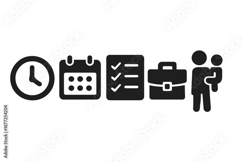 Time and responsibility icons solid filled vector set with clock, calendar, checklist, briefcase, and family figure on transparent background for business and lifestyle concepts