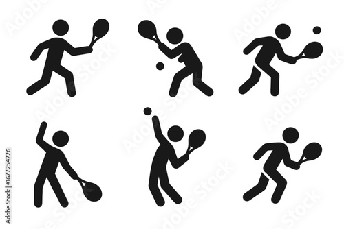 Tennis action icons vector set, solid filled silhouettes showcasing forehand swing, backhand swing, volley, smash, serve toss, running movements, dynamic tennis game illustration