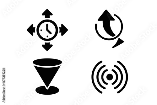 Time and Space Icons Set, Solid Filled Vector Symbols of Expanding Clock with Arrows, Time Arrow, Light Cone, Space Ripples, Relativity Concept, Physics and Universe Illustration