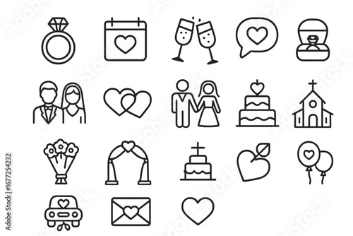 Wedding line icon set for marriage and romance. Love celebration, engagement ceremony symbols. Vector bride, groom, couple, ring, cake, church outline icons collection.