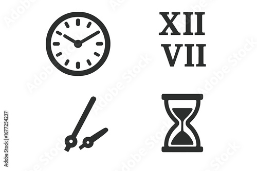 Set of solid timekeeping icons vector illustration including analog clock, Roman numerals, clock hands, hourglass, and classic time elements for design and business usage