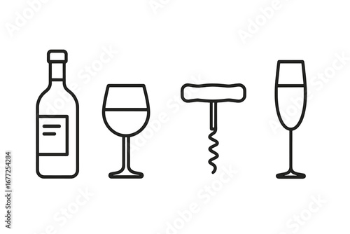 Simple wine tasting icon collection in a minimalist outline style. Vector symbols of a bottle, glass, corkscrew, and flute for bar, restaurant menu, or alcohol-related design.