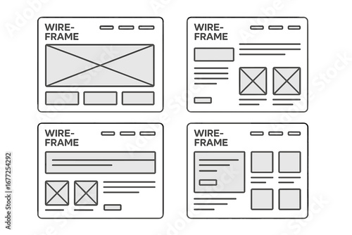 Set of website wireframe kit examples. UI UX design layout and prototype. Web page wire framing, user interface flow, site map, screen, mockup for mobile app or website project.