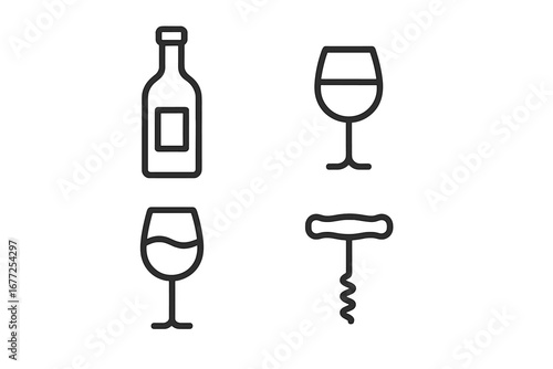 Wine and bar outline icon set. Vector linear symbols collection of wineglass, bottle, corkscrew. Minimalist pictogram for alcohol, drink, restaurant, winery menu concepts.