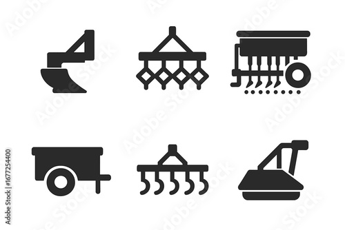 Tractor Equipment Icons. Solid filled vector icon set featuring agricultural tractor tools including plow, harrow, seed drill, trailer, cultivator, mower, farming machinery, transparent background