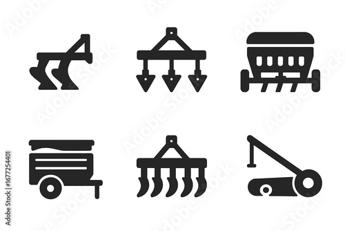 Tractor Equipment Icons, Solid Filled Set of Agricultural Machinery Vector Illustrations Including Plow, Harrow, Seed Drill, Trailer, Cultivator, and Mower on Transparent Background
