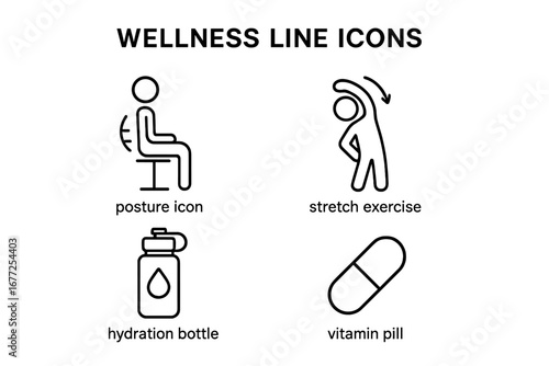Wellness line icons set. Vector outline pictograms for healthy lifestyle. Includes ergonomic posture, stretching exercise, hydration water bottle, and vitamin supplement pill.