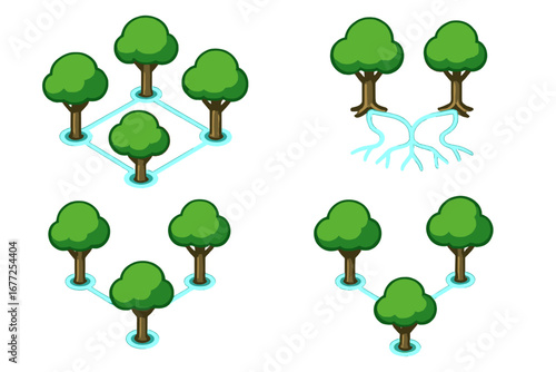 Isometric tree network icon set. Concept of communication, connection, and community. Glowing interconnected roots and trunks illustrate a natural system, ecosystem, or synergy.