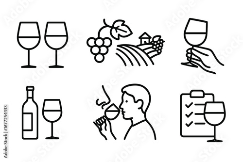 Wine tasting outline icon set for degustation and winery tours. Vector linear icons of sommelier, vineyard, grapes, bottle, and glasses for bar menu or winemaking concept.