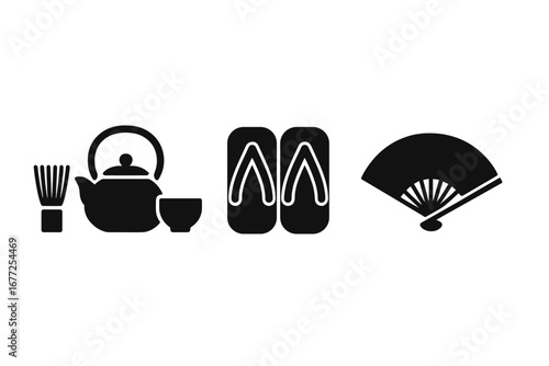 Traditional Japanese Icons Set, Tea Ceremony Equipment, Geta Sandals Footwear, Folding Hand Fan, Solid Filled Vector Illustration of Japanese Culture Elements on Transparent Background