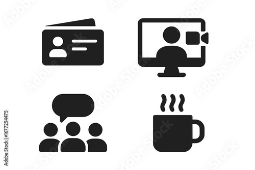 Networking and business collaboration solid glyph icon set. Vector symbols for contact, video call, online conference, group meeting, and informal coffee chat communication.