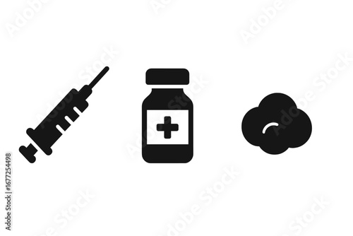 Vaccination and immunization solid icon set. Vector glyphs of syringe, vaccine vial, and cotton ball for medical injection, healthcare, flu shot, and pandemic prevention.