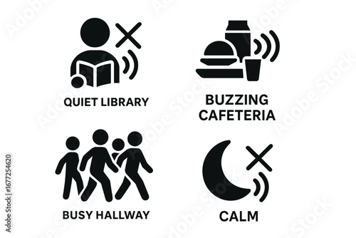 Solid icon set of school soundscapes. Vector glyphs for quiet library, noisy cafeteria, busy hallway, and silent calm zones. Pictograms for school and campus noise levels.