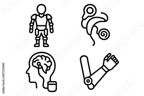 Neuroprosthetics icon set. Bionics vector illustrations. Outline icons of rehabilitation robotic exoskeleton, cochlear implant, prosthetic arm, deep brain stimulation. Cyborg tech.