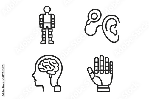 Neuroprosthetics and rehabilitation line icon set. Robotic exoskeleton, cochlear implant, bionic hand, and deep brain stimulation. Medical technology vector illustration.