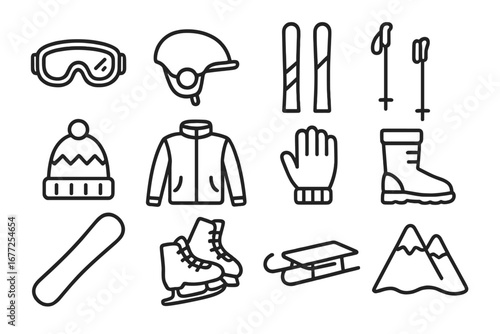 Winter sports outline icon set. Outdoor gear for skiing, snowboarding, ice skating. Vector pictogram collection with helmet, skis, sled, jacket, hat. Line art elements.
