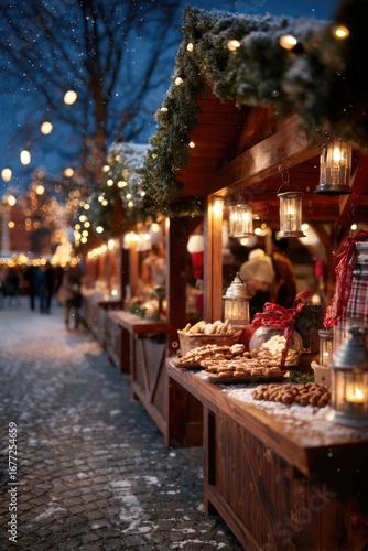 Traditional European Christmas Market at Night with Food, Lights, and Decorations