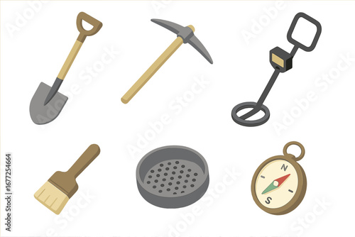 Isometric Flat Icon Set of Treasure Hunting Tools Including Shovel, Pickaxe, Metal Detector, Brush, Sieve, and Compass Vector Illustration on Transparent Background